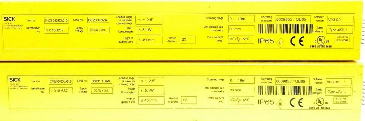 Used LOT OF 2 SICK C4000 SAFETY LIGHT CURTAINS C40S-0403CA010 RANGE: 0...19M