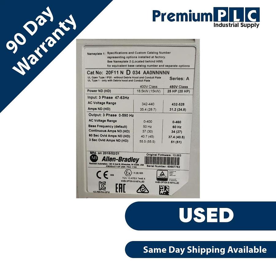 Used ALLEN BRADLEY 20F11ND034AA0NNNNN /A POWERFLEX 753 AC DRIVE 480VAC/3PH/34A/25HP