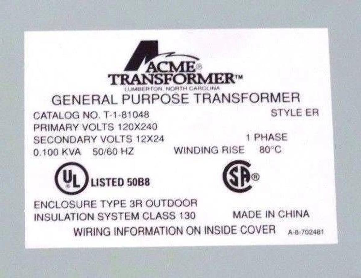 NIB ACME T1-81048 GENERAL PURPOSE TRANSFORMER 1 PHASE 120-240V 60HZ T181048
