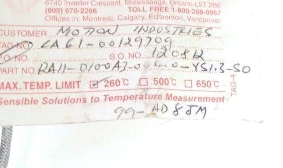 NEW THERMO KINETICS RA11-D100A3-004.0-Y51.3-50 TEMPERATURE PROBE 260 DEG C MAX