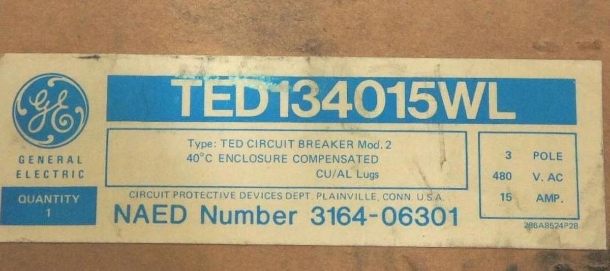 NIB GENERAL ELECTRIC TED134015 CIRCUIT BREAKER 15AMP 3 POLE TED134015WL