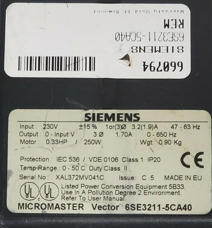 Used SIEMENS 6SE3211-5CA40 AC DRIVE MICROMASTRER 0.33 HP 230 VAC