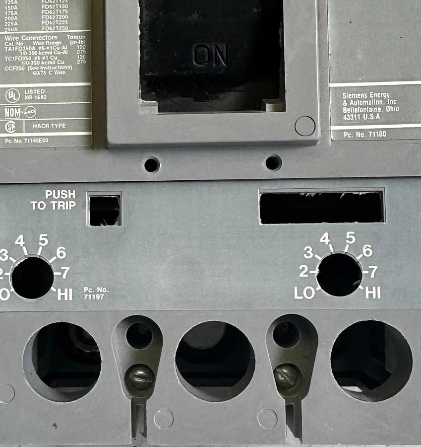 Used SIEMENS HFD62F250 /A Sentron Series CIRCUIT BREAKER 250A HFD6 FRAME ONLY NO TRIP