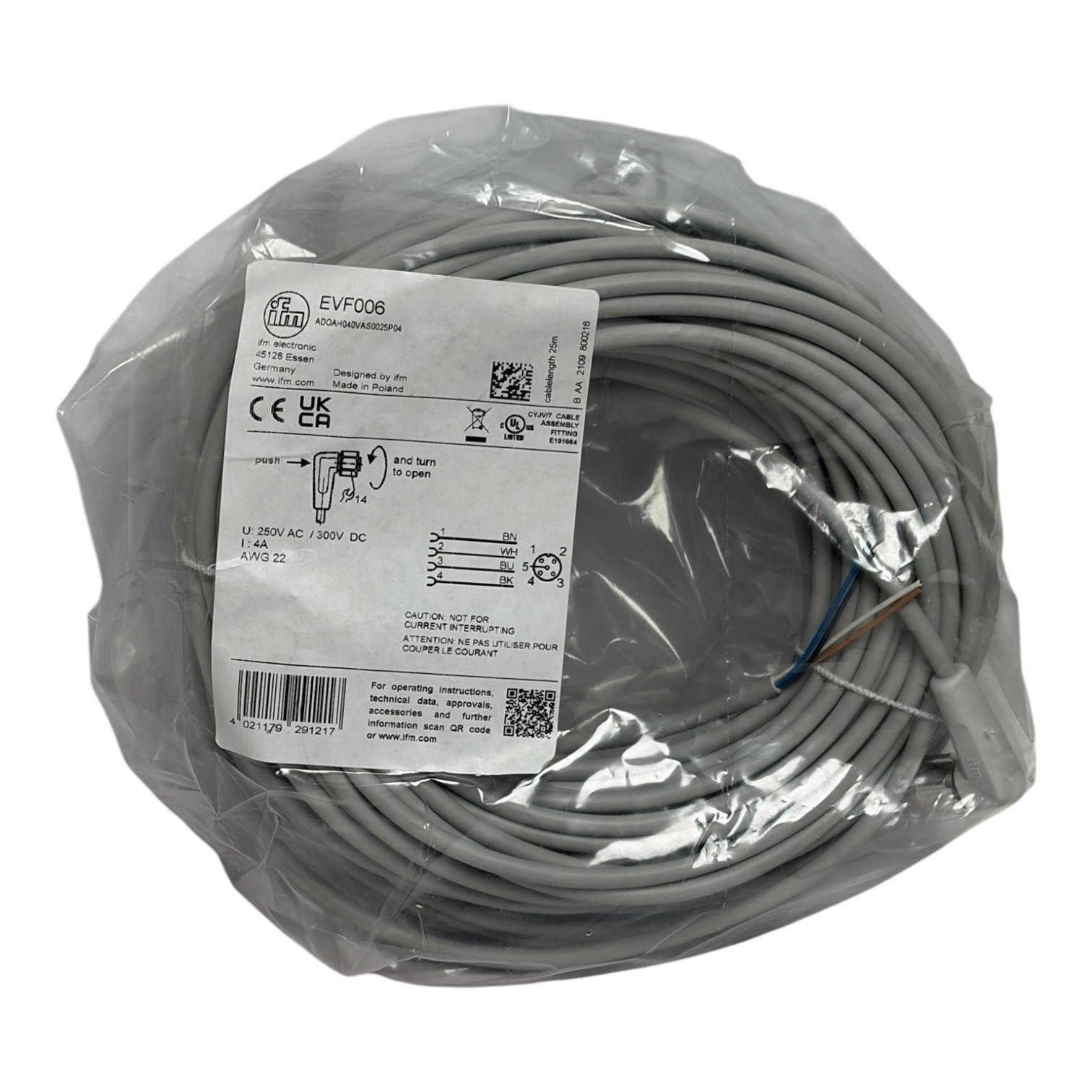 ifm electronic EVF006 M12 Right-Angle Female 4-Pin 25m Sensor Cable New