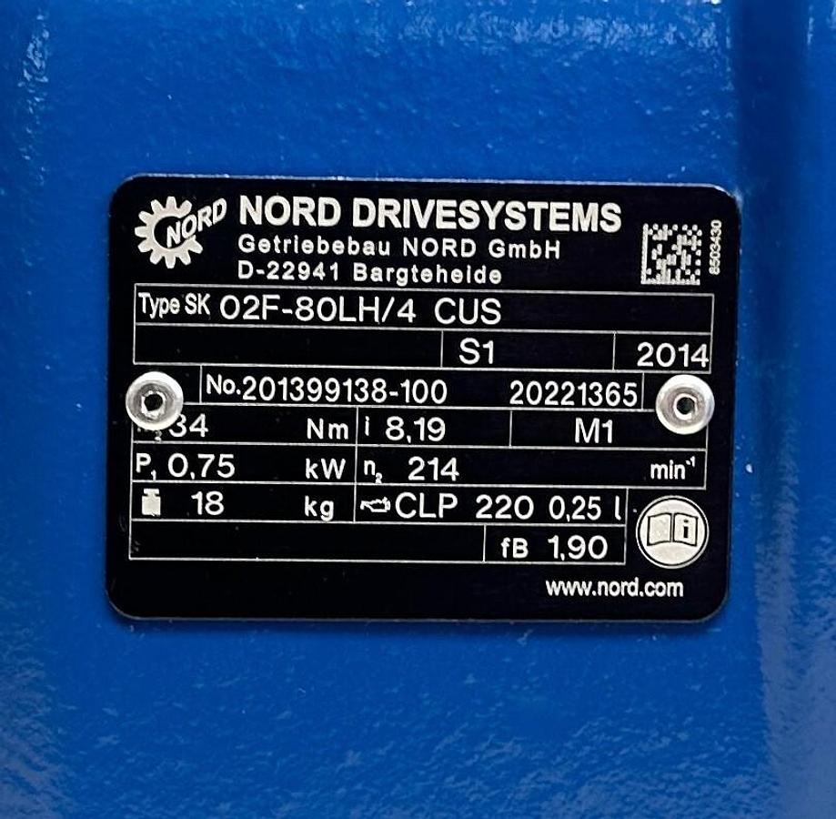 Used NORD SK 02F-80LH/4 CUS / SK 80LH/4 CUS GEAR MOTOR 24Nm 0.75kW/1HP 230/460V NSNP