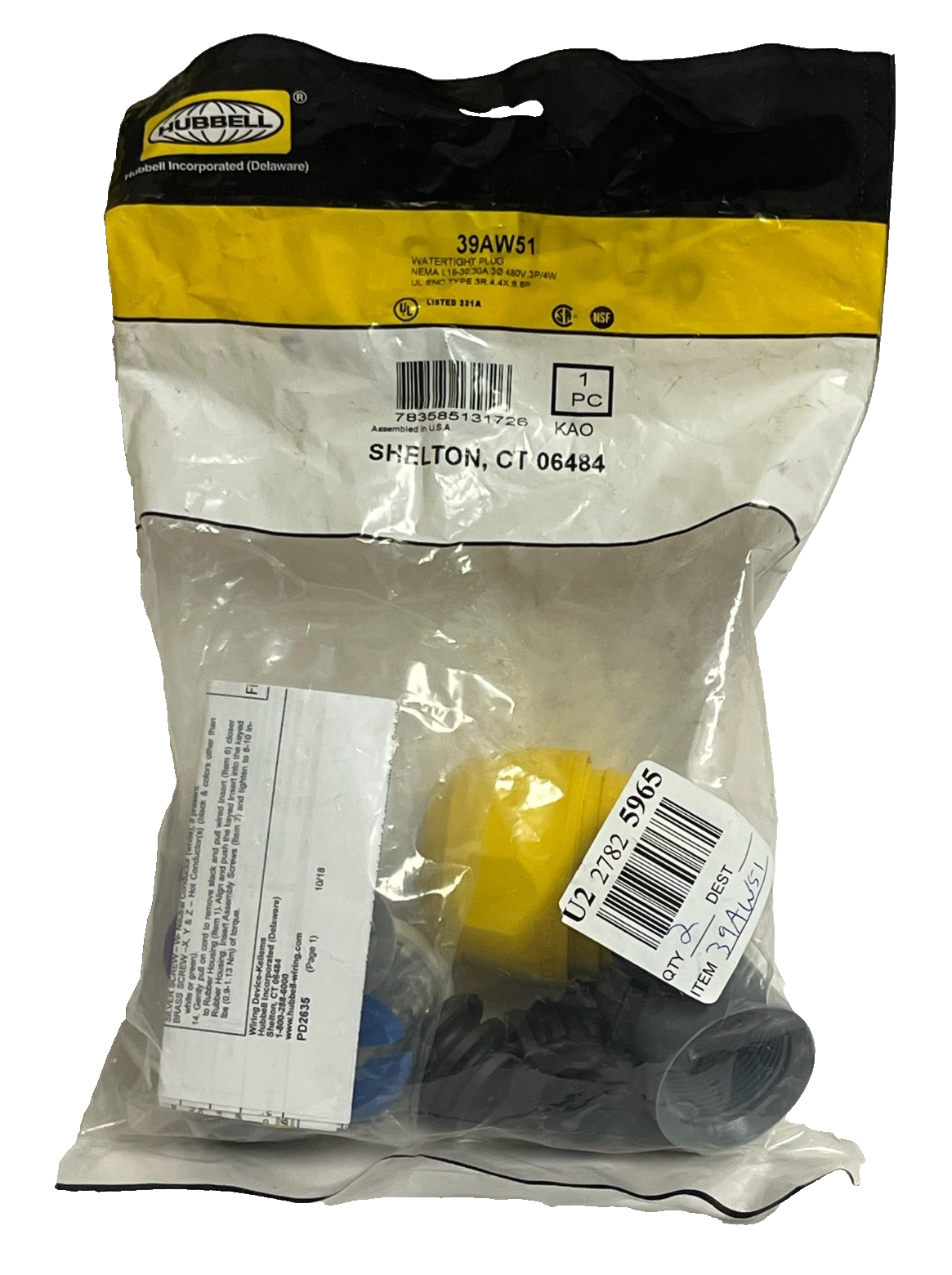 Hubbell 39AW51 Watertight Locking Plug – NEMA L16-30P, 30A, 3-Phase 480VAC