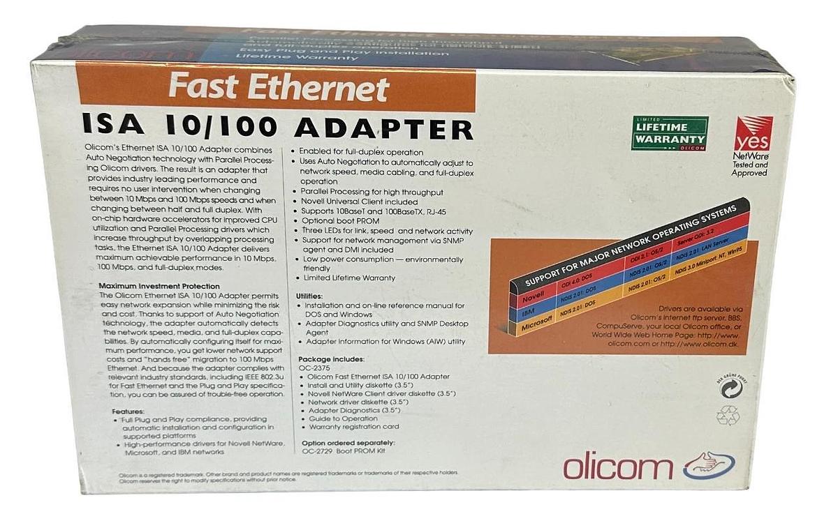 Used NEW SEALED OLICOM OC-2375 / 23751681 FAST EtherNet ISA 10/100 ADAPTER CARD