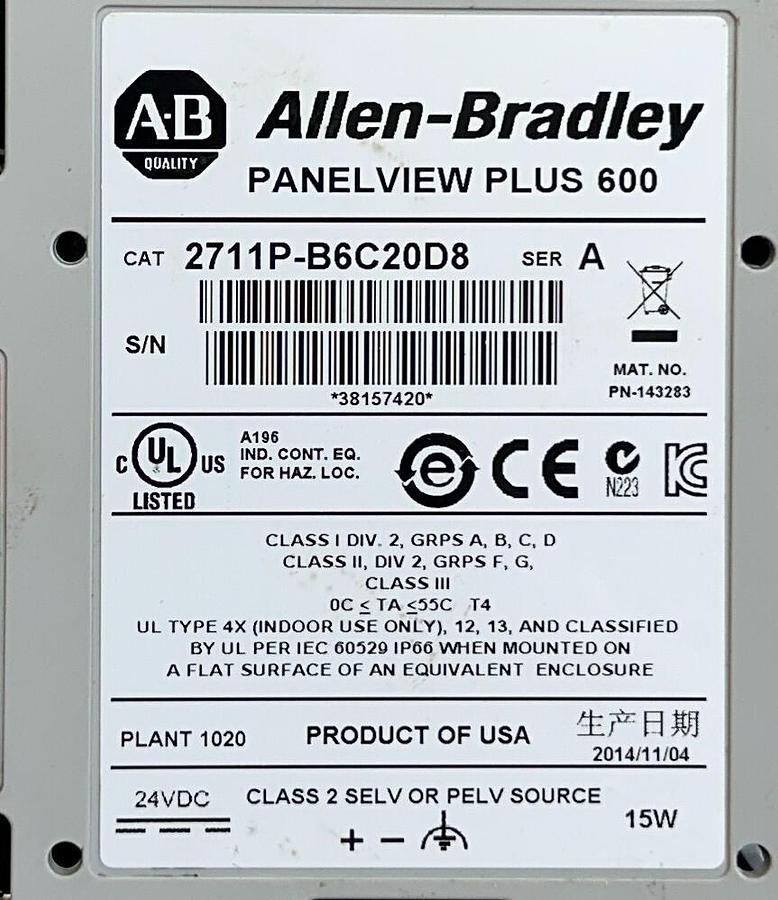 Used ALLEN BRADLEY 2711P-B6C20D8 /A PanelView Plus 600 KEY/TOUCH EtherNet 24VDC USNP