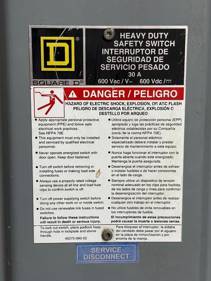 Used Square D HU361RB Heavy Duty Non-Fusible Safety Switch 30A 600V NEMA 3R