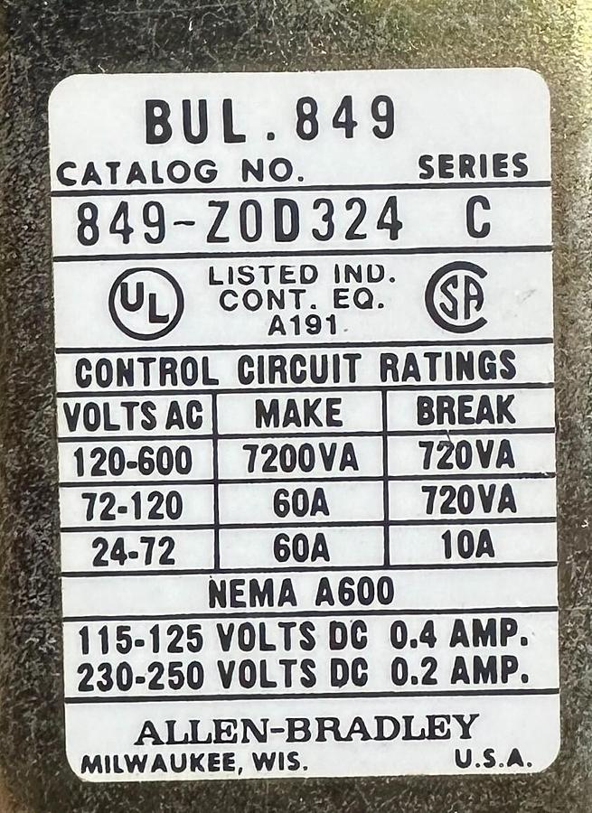Used ALLEN BRADLEY 849-ZOD324 /C PNEUMATIC TIMING RELAY NEMA A600 849ZOD324