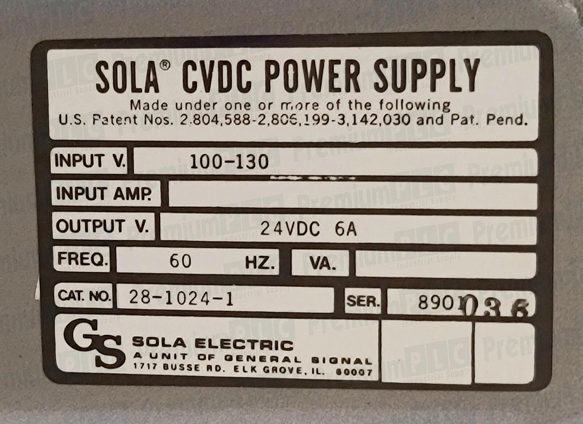 NEW SOLA 28-1024-1 SER. 8901 CVDC POWER SUPPLY IN 100-130V OUT. 24VDC 6A 2810241
