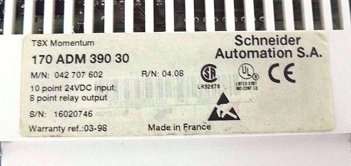 Used SCHNEIDER MODICON 170ADM39030 I/O BASE, 24VDC - 10PT IN 8PT RELAY OUT R/N: 04.08