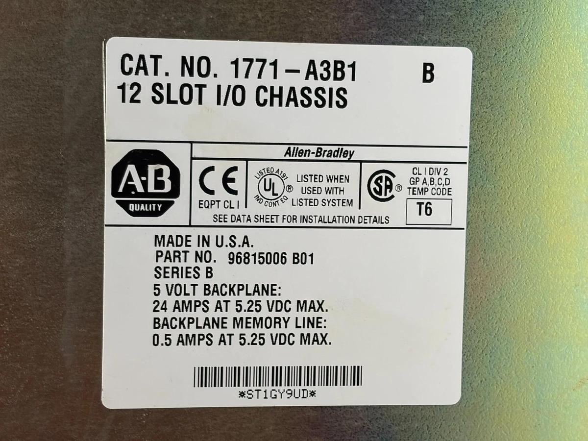 Used Allen-Bradley 1771-A3B1 PLC-5 12-Slot I/O Rack Assembly with Modules