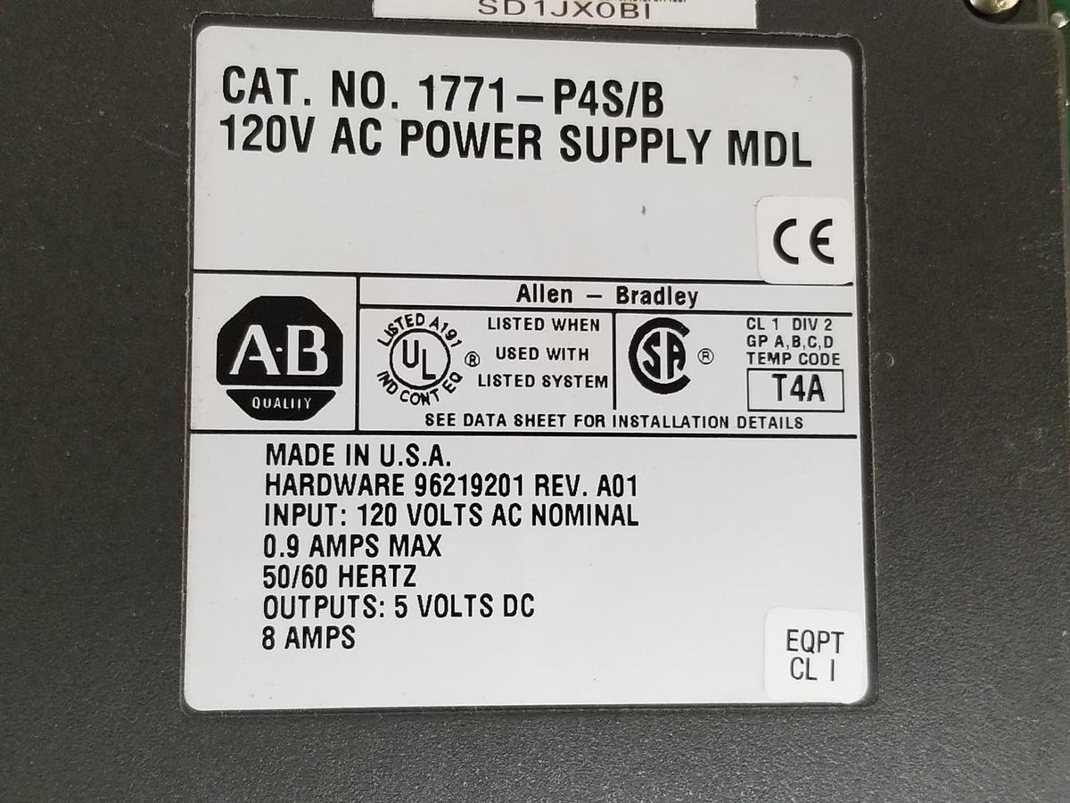 Used ALLEN BRADLEY 1771-P4S/B POWER SUPPLY 120VAC 96219201 REV. A01 SER. B 1771-P4S