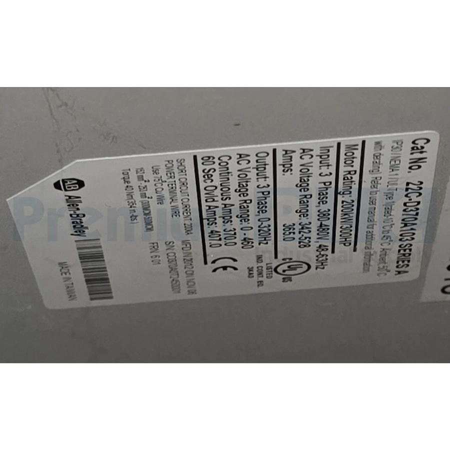 Used ALLEN BRADLEY 22C-D370A103 /A PowerFlex 400 FAN & PUMP AC DRIVE 300HP 480VAC 3PH