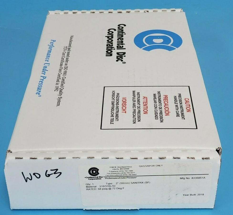Used NIB CONTINENTAL DISC CORP. 8336851A TYPE: 2'' SANITRX (SF) 50MM GAS/VAPOR