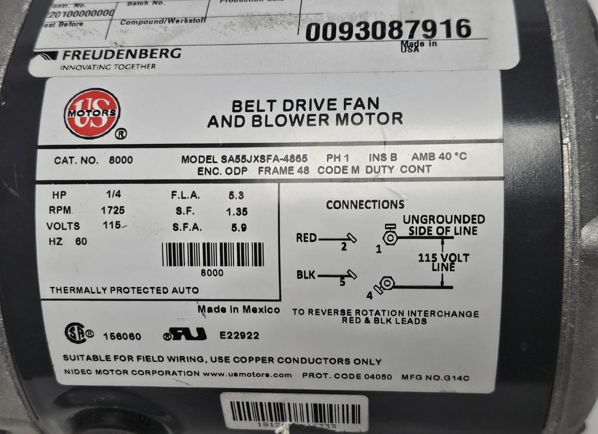 Used NEW US MOTORS SA55JXSFA-4865 BELT DRIVE FAN AND BLOWER MOTOR CAT. NO. 8000