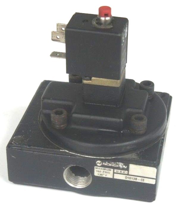 Used NORGREN D1013B-CE BLACK POPPET VALVE W/ COIL 110/120V, 50/60Hz, 150PSIG, 130 F