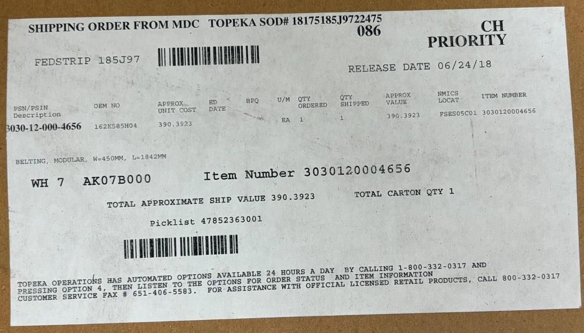 Used Habasit America M1220 Modular Belting W=450mm L=1842mm 3030-12-000-4656 - New