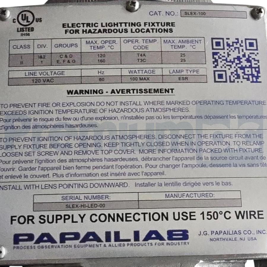 Used Papailias SLEX-100 EXP Hazardous Location Sight Light 120V 100W Max ESR Lamp NEW