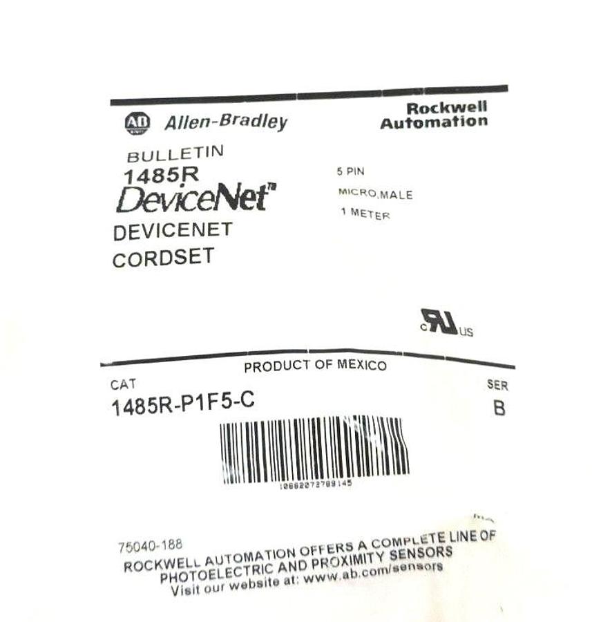 Used NIB ALLEN BRADLEY 1485R-P1F5-C SER. B DEVICENET CORDSET 5PIN MICRO, MALE 1METER