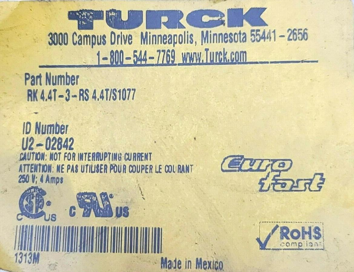 NEW TURCK RK 4.4T-3-RS 4.4T/S1077 EUROFAST MOLDED CORDSET ID NO. U2-02842
