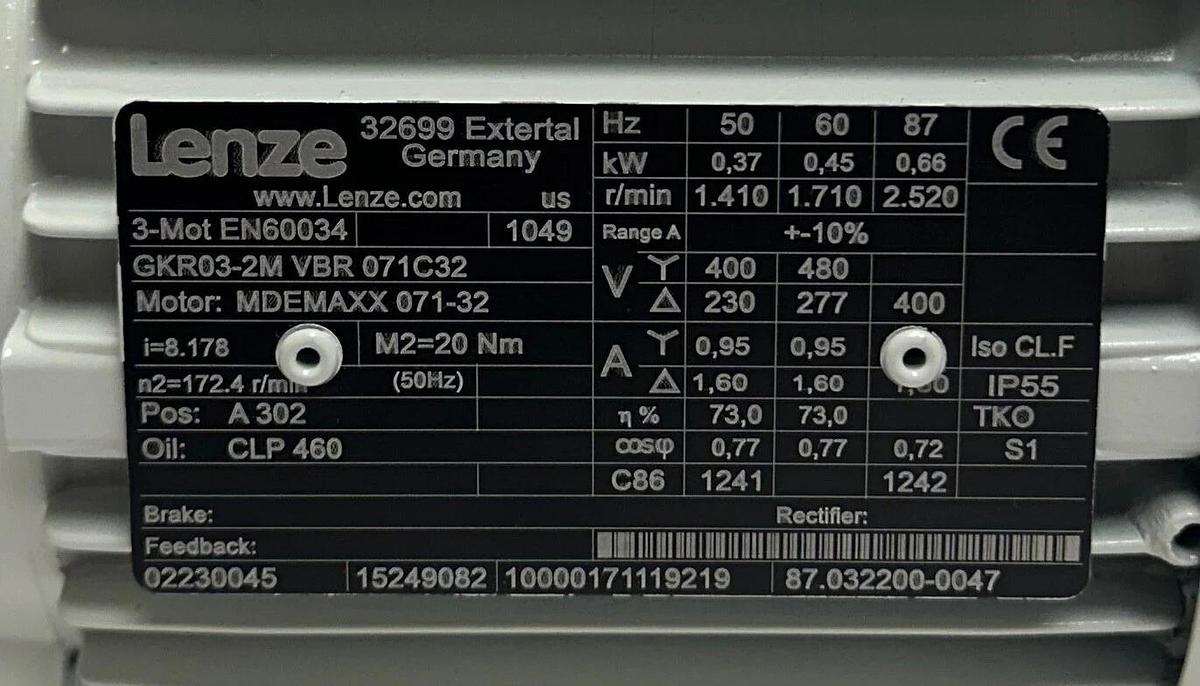LENZE GKR03-2M VBR 071C32 / MDEMAXX 071-32 GEARMOTOR BEVEL GEARBOX 15249082 NSNP