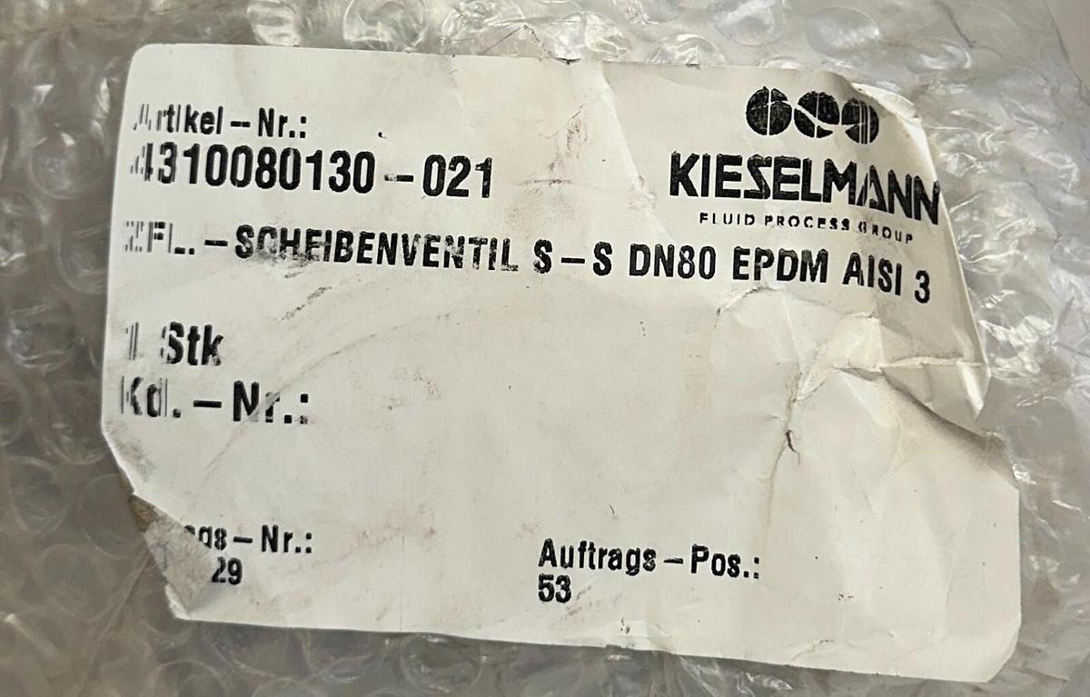Used KIESELMANN 4310080130-021 / 4310080130021 FLANGED BUTTERFLY VALVE 3'' SS NSNP