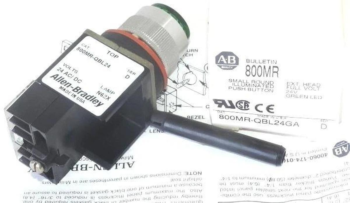 Used NIB ALLEN BRADLEY 800MR-QBL24GA PUSH BUTTON EXT. HEAD 24V, GREEN LED, SER. D