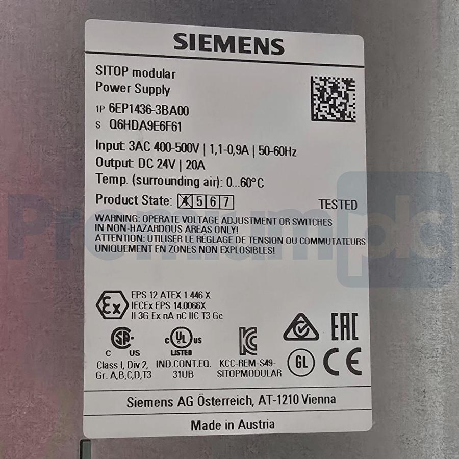 Used Siemens 6EP1436-3BA00 SITOP Modular Power Supply 3Ph 400-500VAC 24VDC 20A NSMP