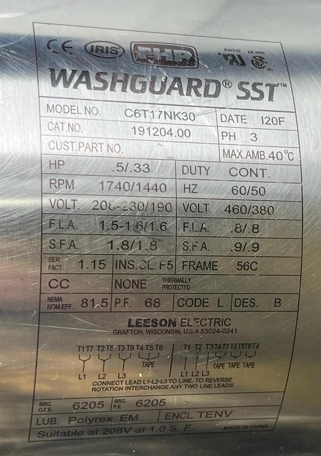 Leeson 191204.00 Washguard SST 1HP 1750RPM 3PH 56C Stainless Motor C6T17NK30