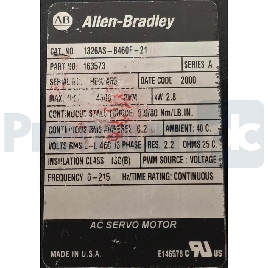Allen Bradley 1326AS-B460F-21 /A AC Servo Motor 2.8kW 4300RPM 460V 163573 NSNP