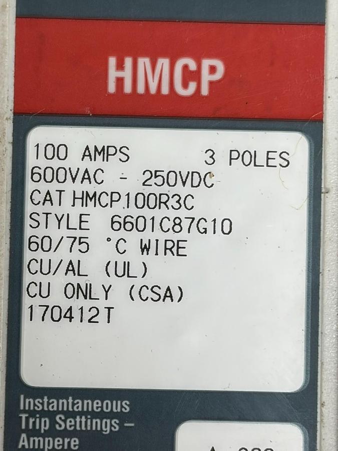Used Eaton HMCP100R3C Motor Circuit Protector 100A 3 Pole Breaker 6601C87G10