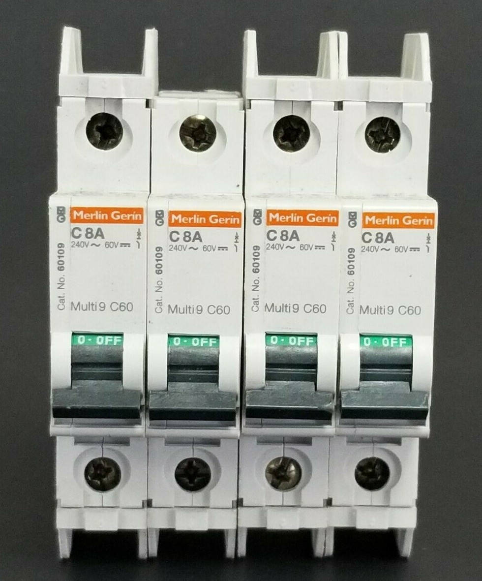 Used LOT OF 4 MERLIN GERIN CAT. NO. 60109 MULTI9 C60 CIRCUIT BREAKERS C8A 240V/60V