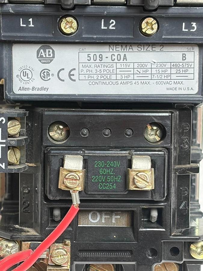 Used Allen-Bradley 509-C0A NEMA Size 2 Magnetic Contactor 45A 3-Pole 240V Coil