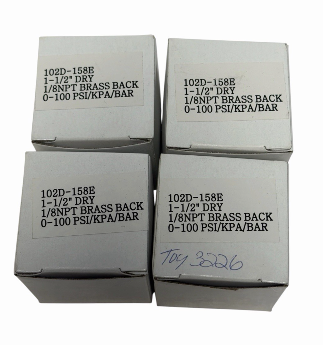 Used (4) NIB PIC 102D-158E PRESSURE GAUGES 1-1/2'' DRY 1/8NPT BRASS BACK 0-100 PSI