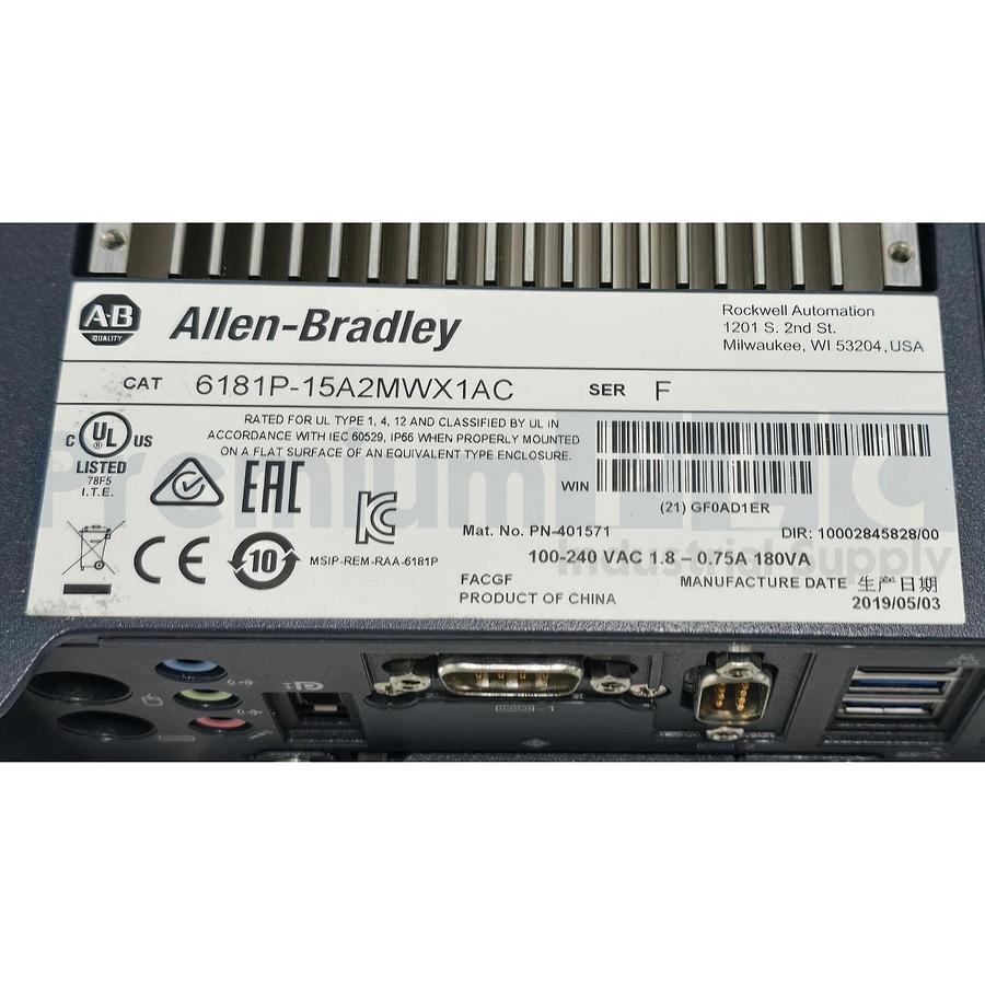 Used ALLEN BRADLEY 6181P-15A2MWX1AC /F 1500P INTERGRATED DISPLAY COMPUTER TERMINAL