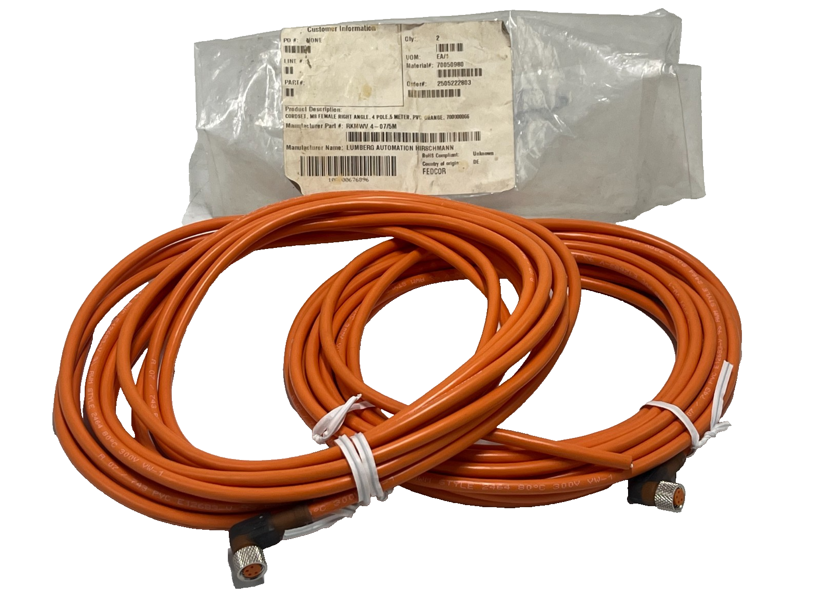 Used (2)Lumberg Automation RKMWV 4-07/5M M12 Cordset 4Pin Right Angle Female 5m Cable