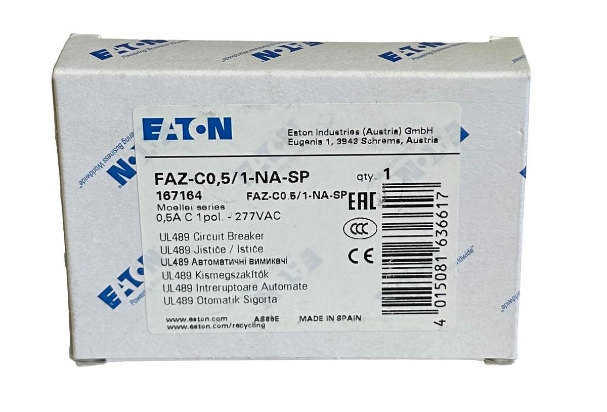 Used NEW EATON FAZ-C0,5/1-NA-SP / 167164 MOELLER SERIES 0.5A CIRCUIT BREAKER 277VAC