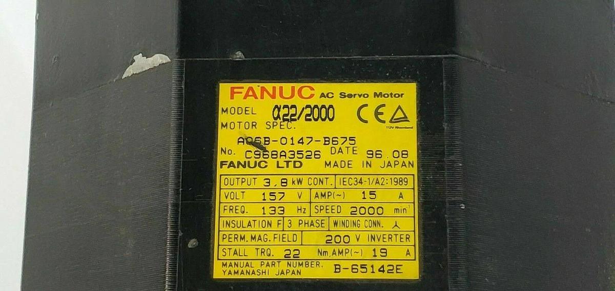 Used FANUC MODEL A22/2000 AC SERVO MOTOR A06B-0147-B675 2000RPM, 3.8KW, 157V, 15A