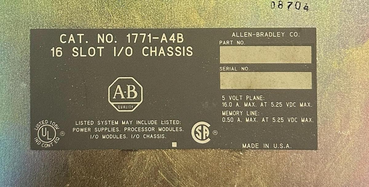 Used ALLEN BRADLEY 1771-A4B /A PLC-5 16 SLOT I/O MODULE CHASSIS 1771A4B