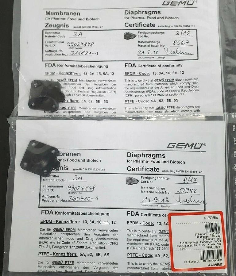 Used LOT OF 2 NEW GEMU EDV-NR. 39541 600-8M3A DIAPHRAGMS EBL 44549926 CD35 99024848