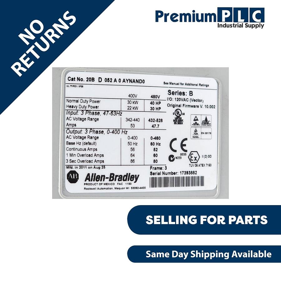Used ALLEN BRADLEY 20BD052A0AYNAND0 /B POWERFLEX 700 AC DRIVE 40HP F/W V 10.002