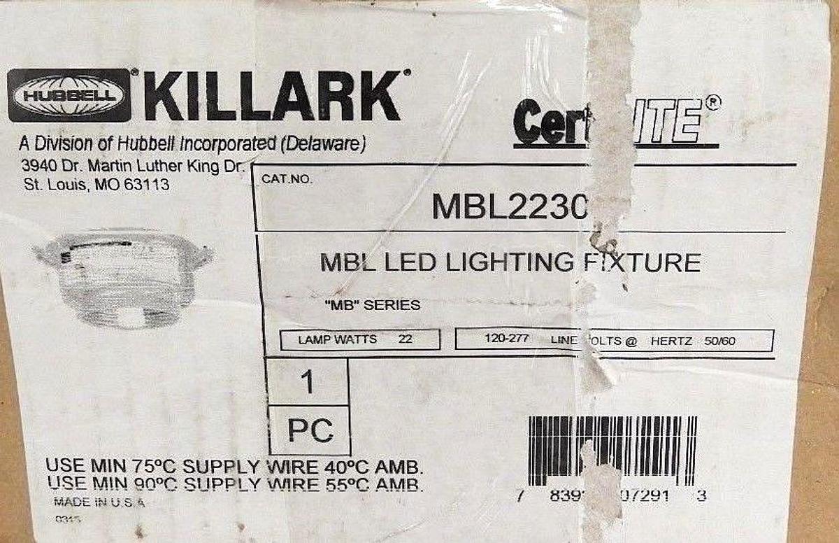 NIB HUBBELL KILLARK MBL2230 MBL LED LIGHTING FIXTURE 22W, 120-277V, 50/60HZ