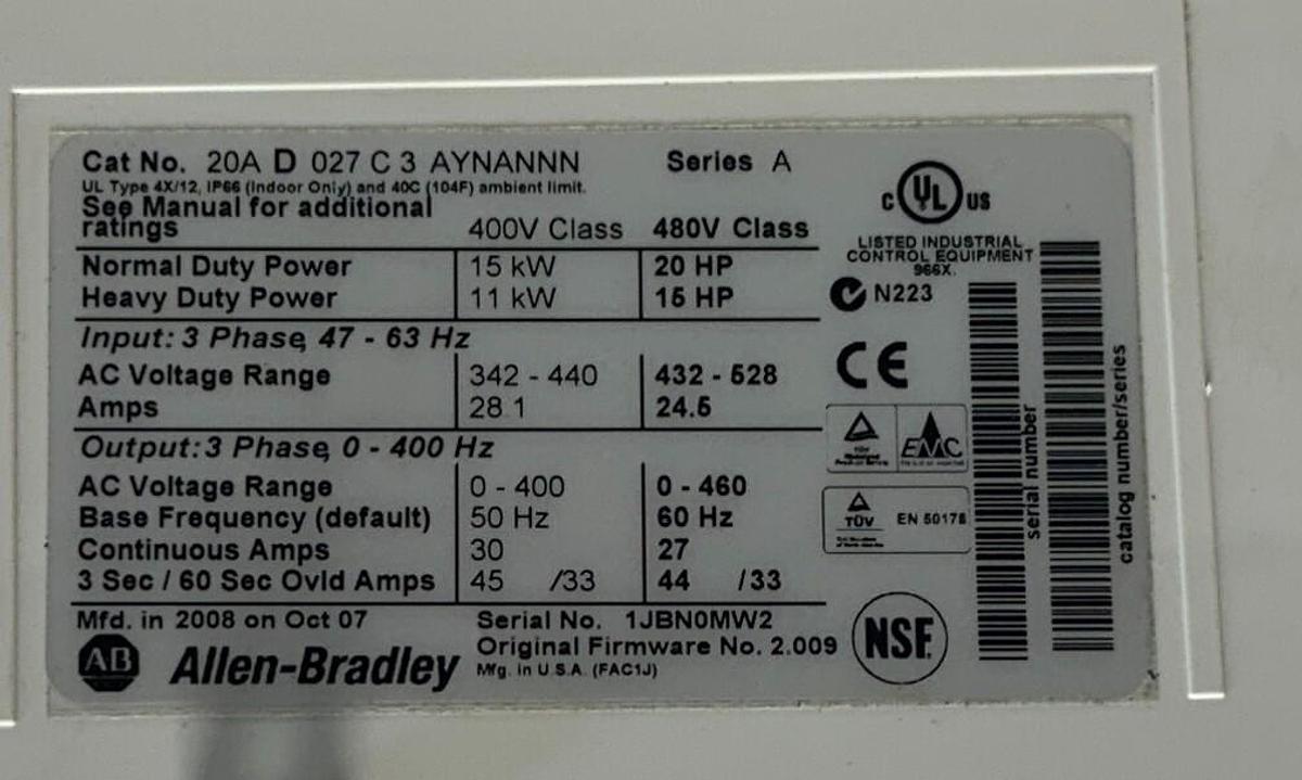 Used ALLEN BRADLEY 20AD027C3AYNANNN /A PowerFlex 70 AC DRIVE 15kW/20HP 480V USNP