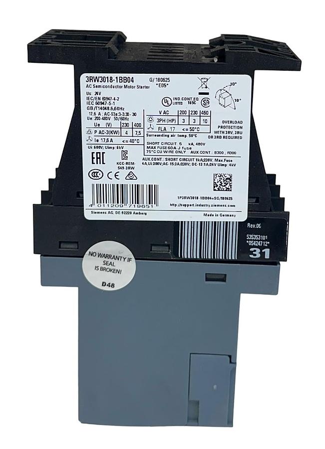 Used SIEMENS 3RW3018-1BB04 / 3RW30181BB04 SIRIUS SOFT STARTER 200-480VAC 17.6A NSMP