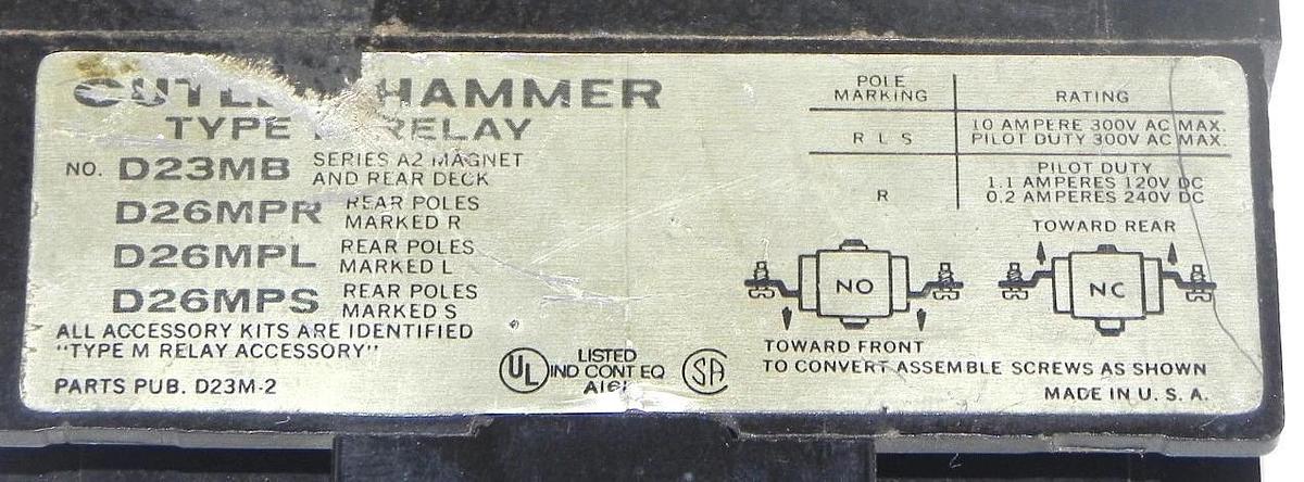 Used CUTLER-HAMMER D23MB RELAY TYPE M