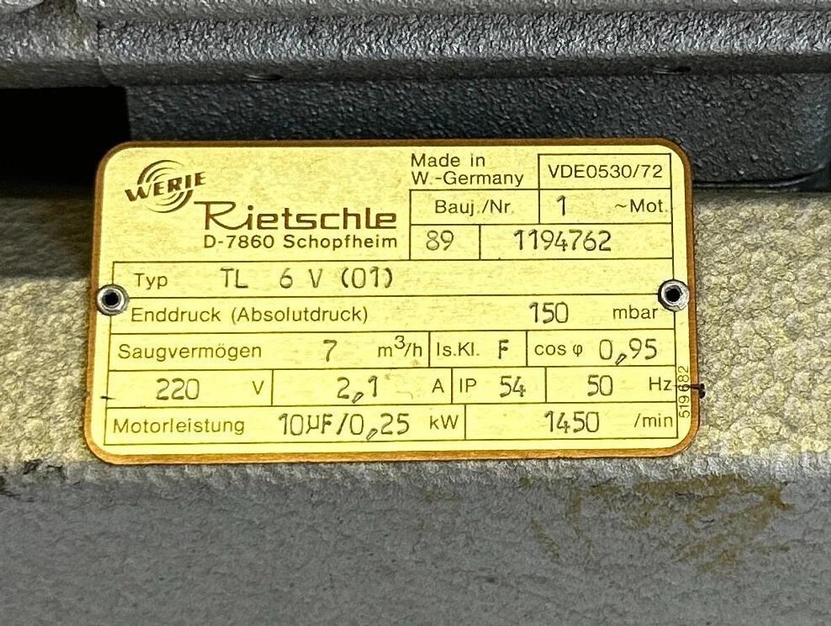 Used WERIE RIETSCHLE TL6V(01) VACUUM PUMP VDE0530/72 0.25kW 220V 2.1A 1-PHASE 1194762