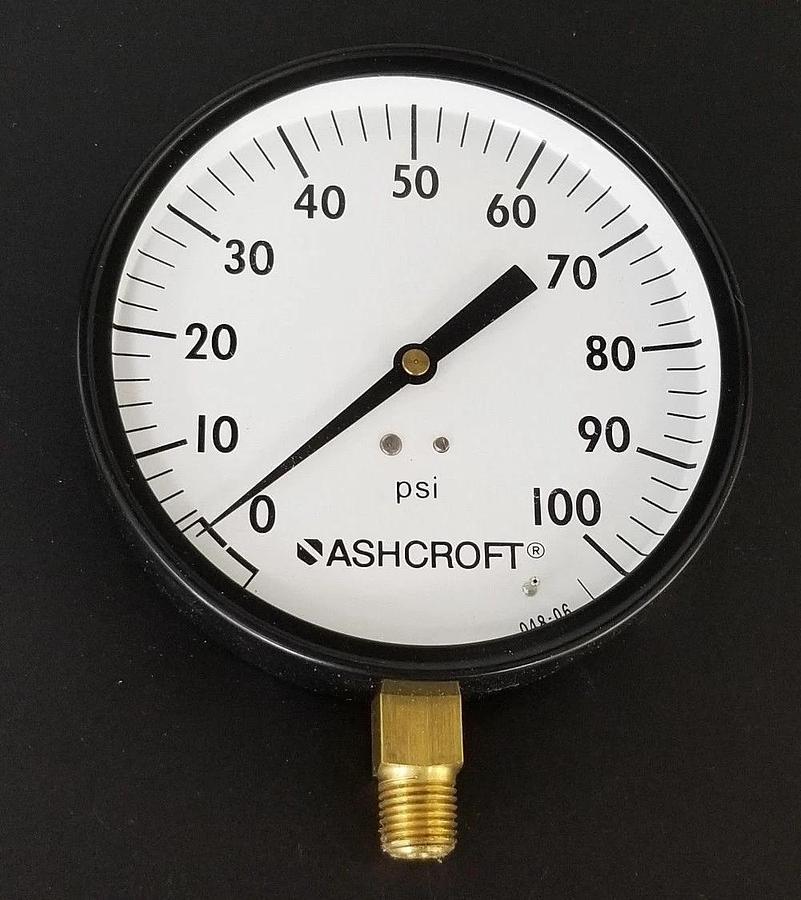 Used NIB ASHCROFT 45W1000 H 02L 100# PRESSURE GAUGE 4-1/2", 0-100PSI, 1/4" NPT