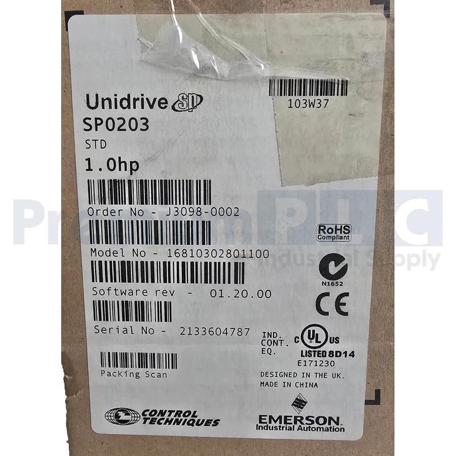 EMERSON CONTROL TECHNIQUES SP0203 UNIDRIVE SP 1.0HP 3098-0002 W/O KEYPAD NSMP